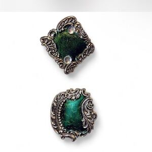 Green enamel and silver tone metal brooches #cottagecore